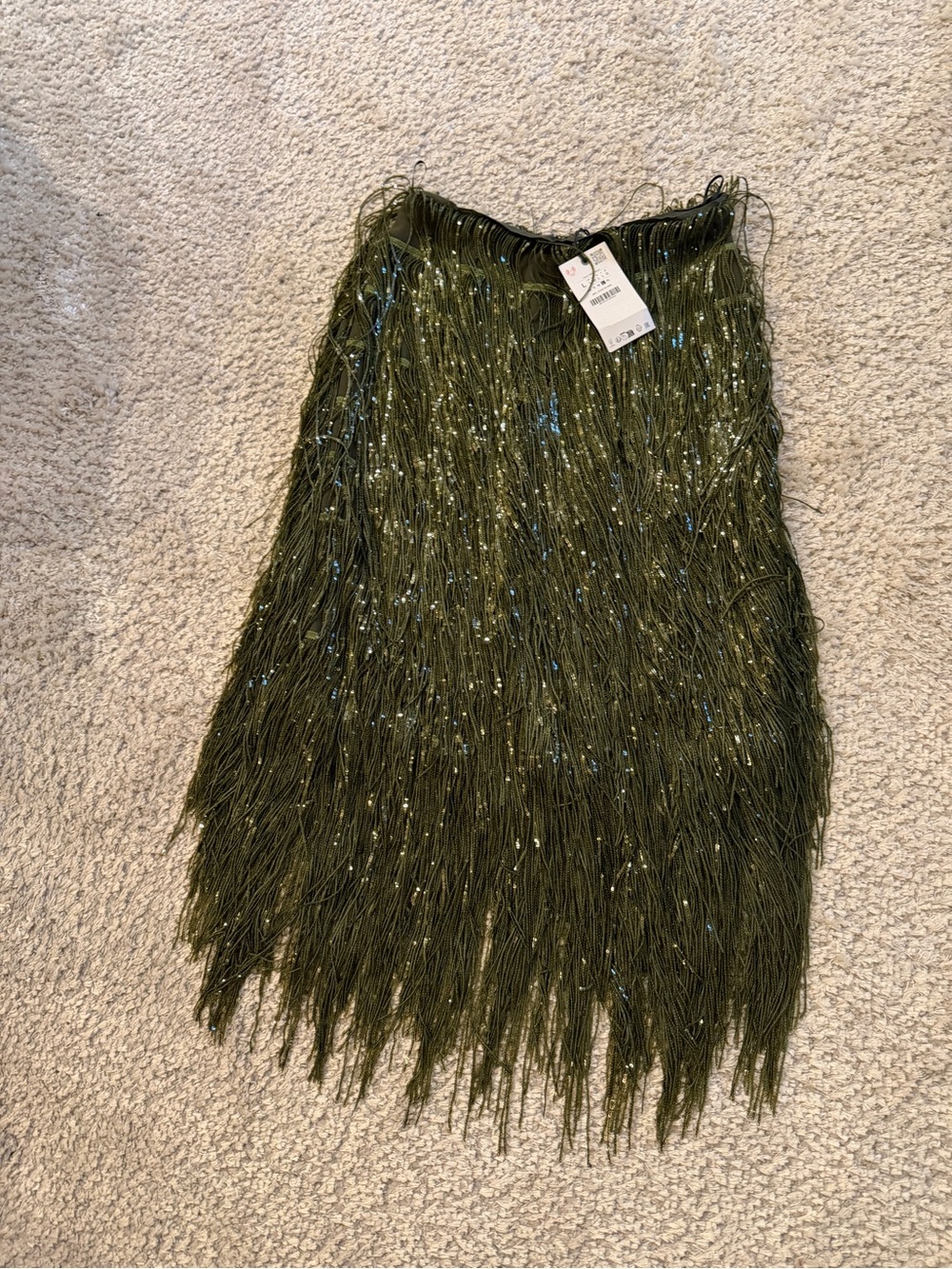 Zara Olive Green Fringe Sequin Midi Skirt